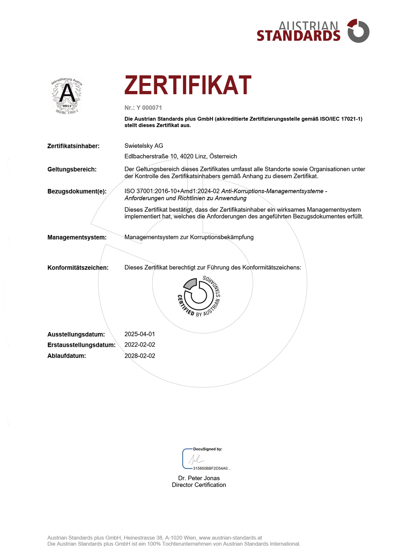 ISO Zertifikat 37001 Swietelsky Y 000071 20250401 DE DE 1 ISO Zertifikat 37001 Swietelsky Y 000071 20250401 DE DE 1