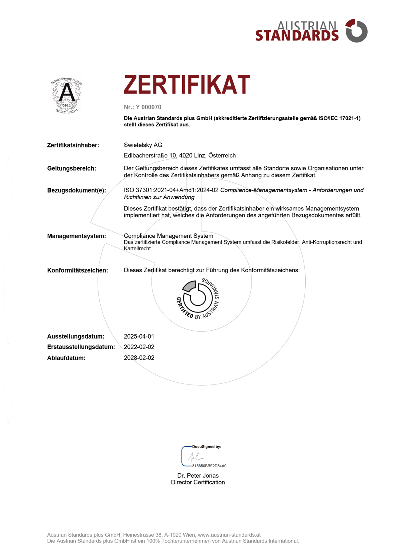 ISO Zertifikat 37301 Swietelsky Y 000070 20250401 DE DE 1 ISO Zertifikat 37301 Swietelsky Y 000070 20250401 DE DE 1